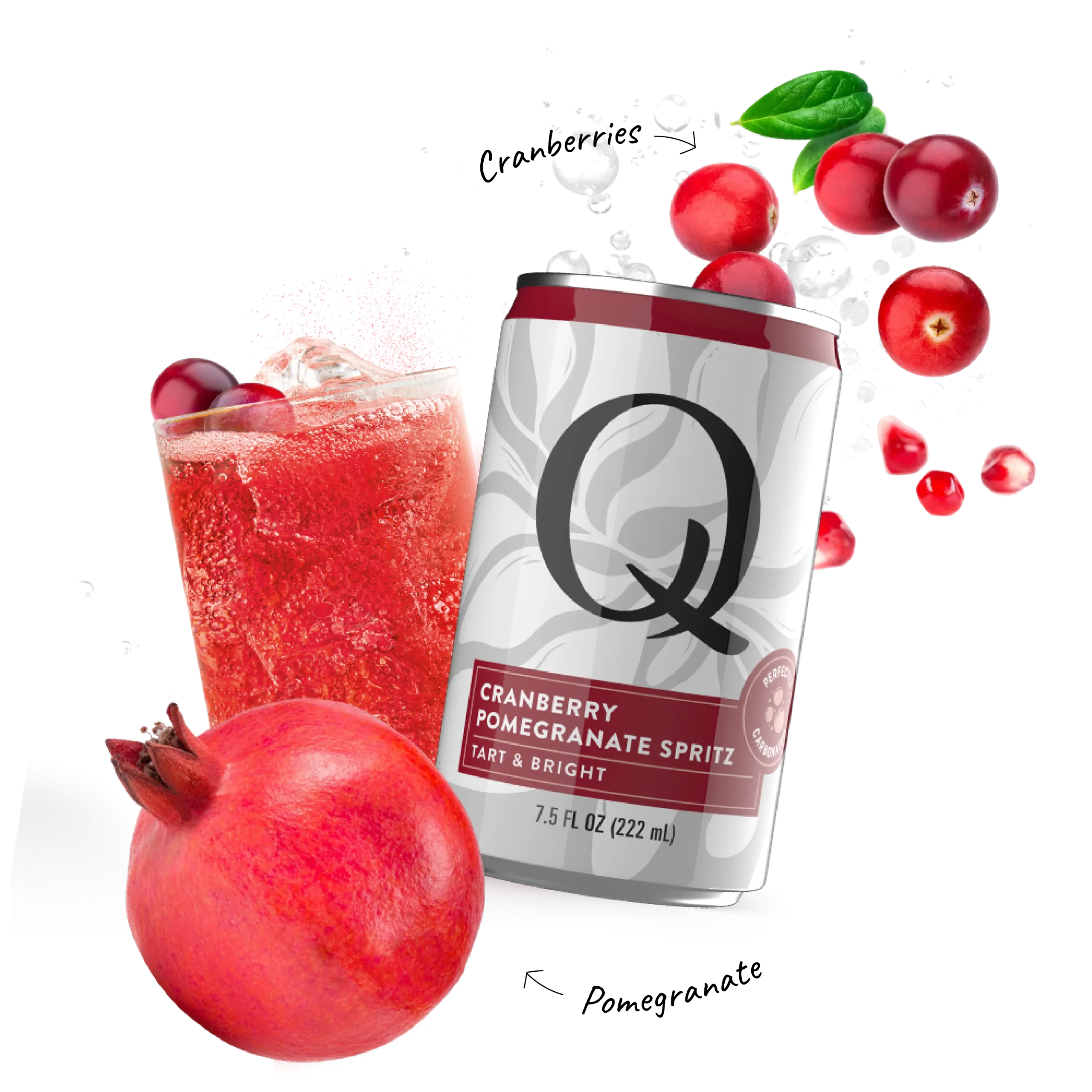 Q Mixers PDP with ingredients & callouts Cran Pom Spritz