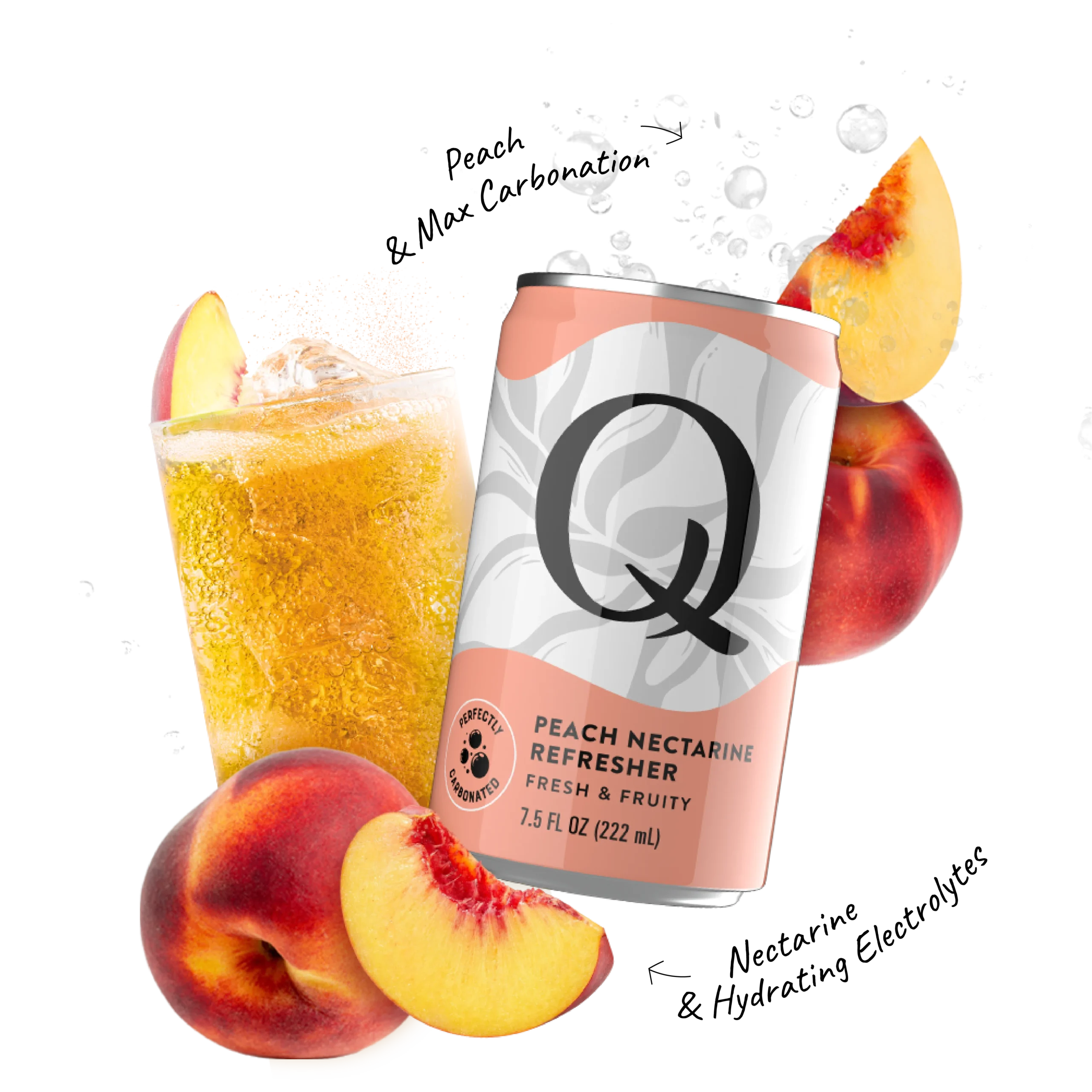 Q Mixers PDP with ingredients & callouts Refreshers Peach Nectarine