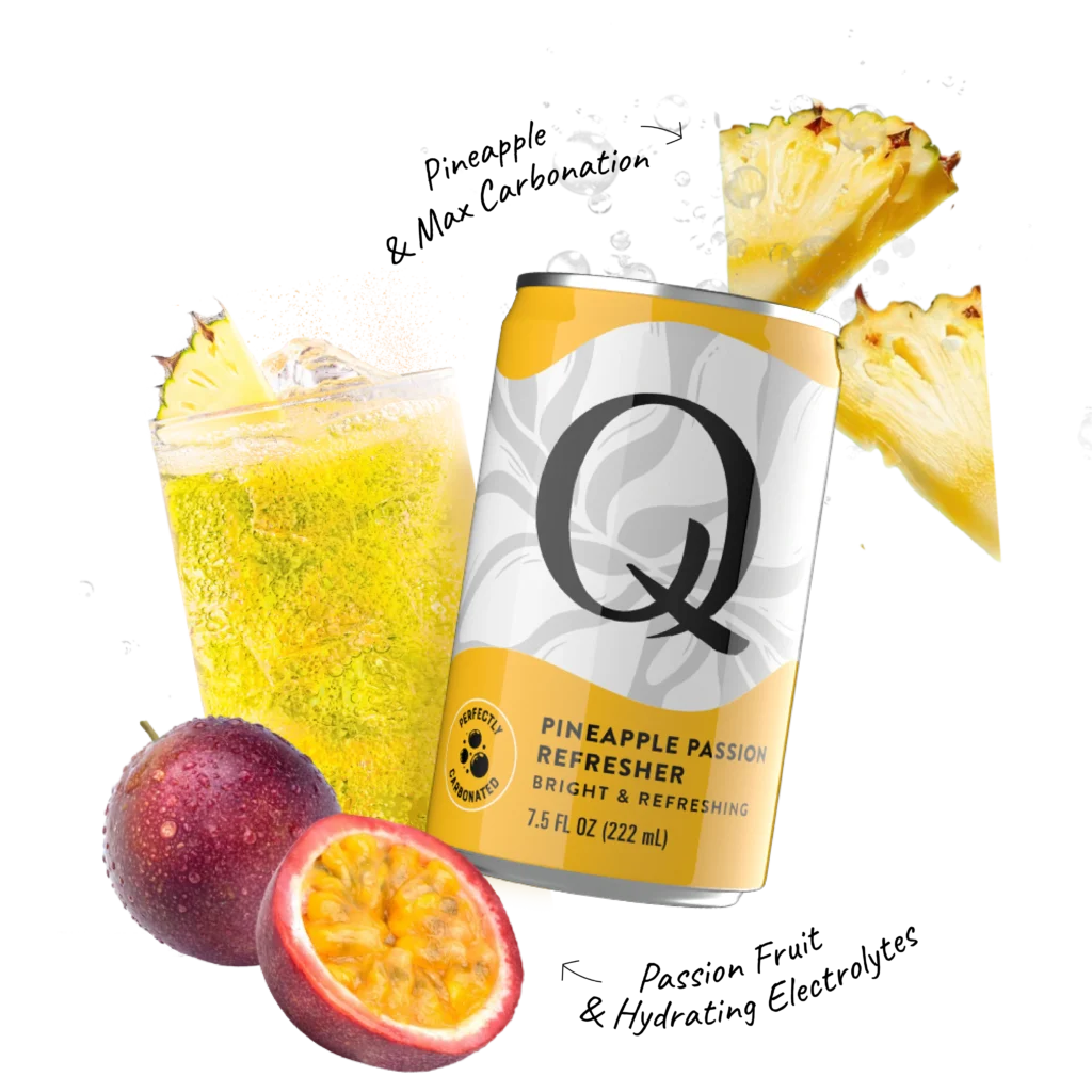 Q Mixers PDP with ingredients & callouts Refreshers Pineapple Passion