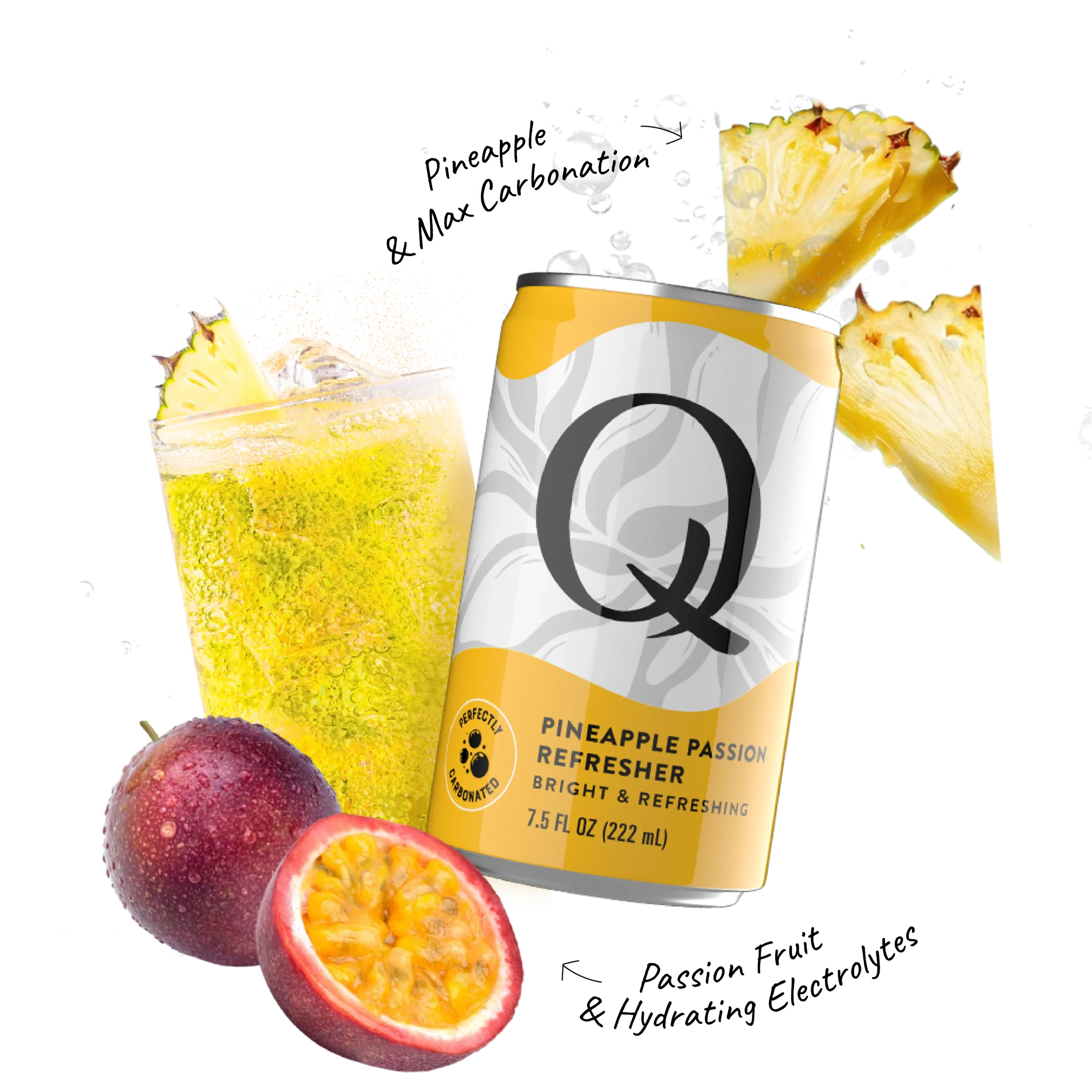 Q Mixers PDP with ingredients & callouts Refreshers Pineapple Passion