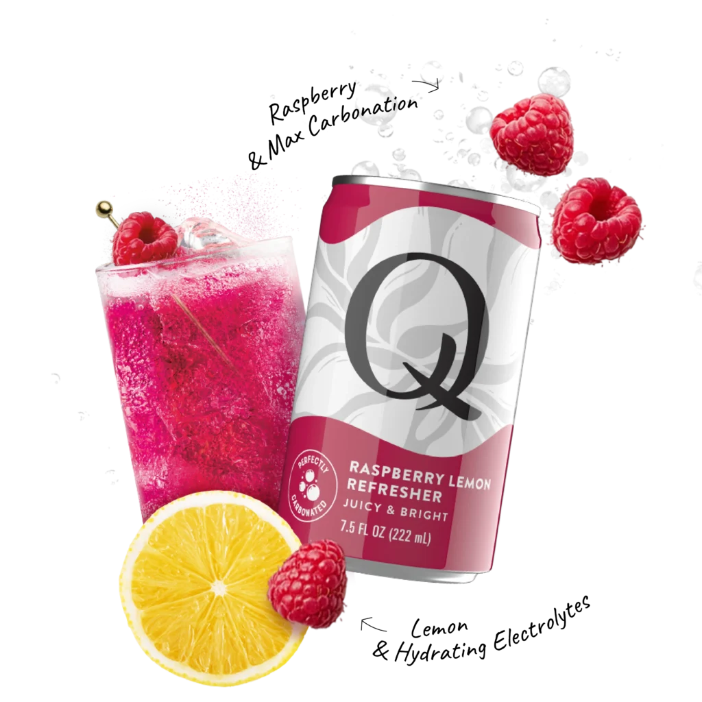 Q Mixers PDP with ingredients & callouts Refreshers Raspberry Lemon