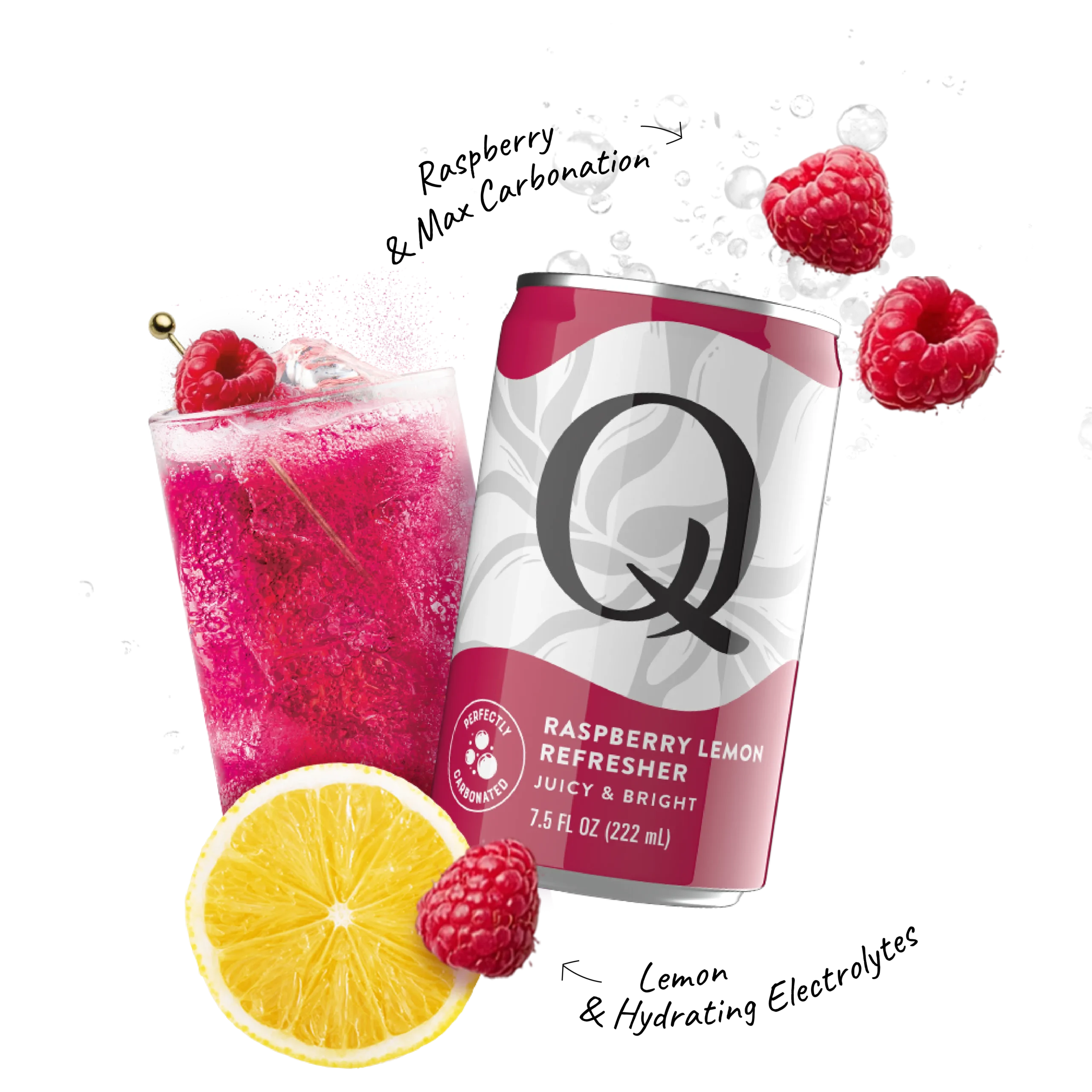Q Mixers PDP with ingredients & callouts Refreshers Raspberry Lemon