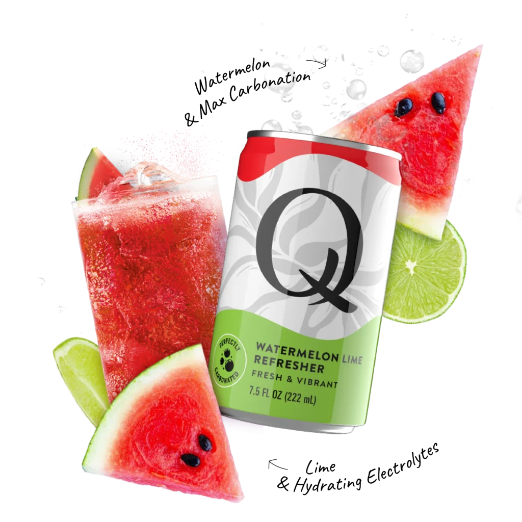 Q Mixers PDP with ingredients & callouts Refreshers Watermelon Lime