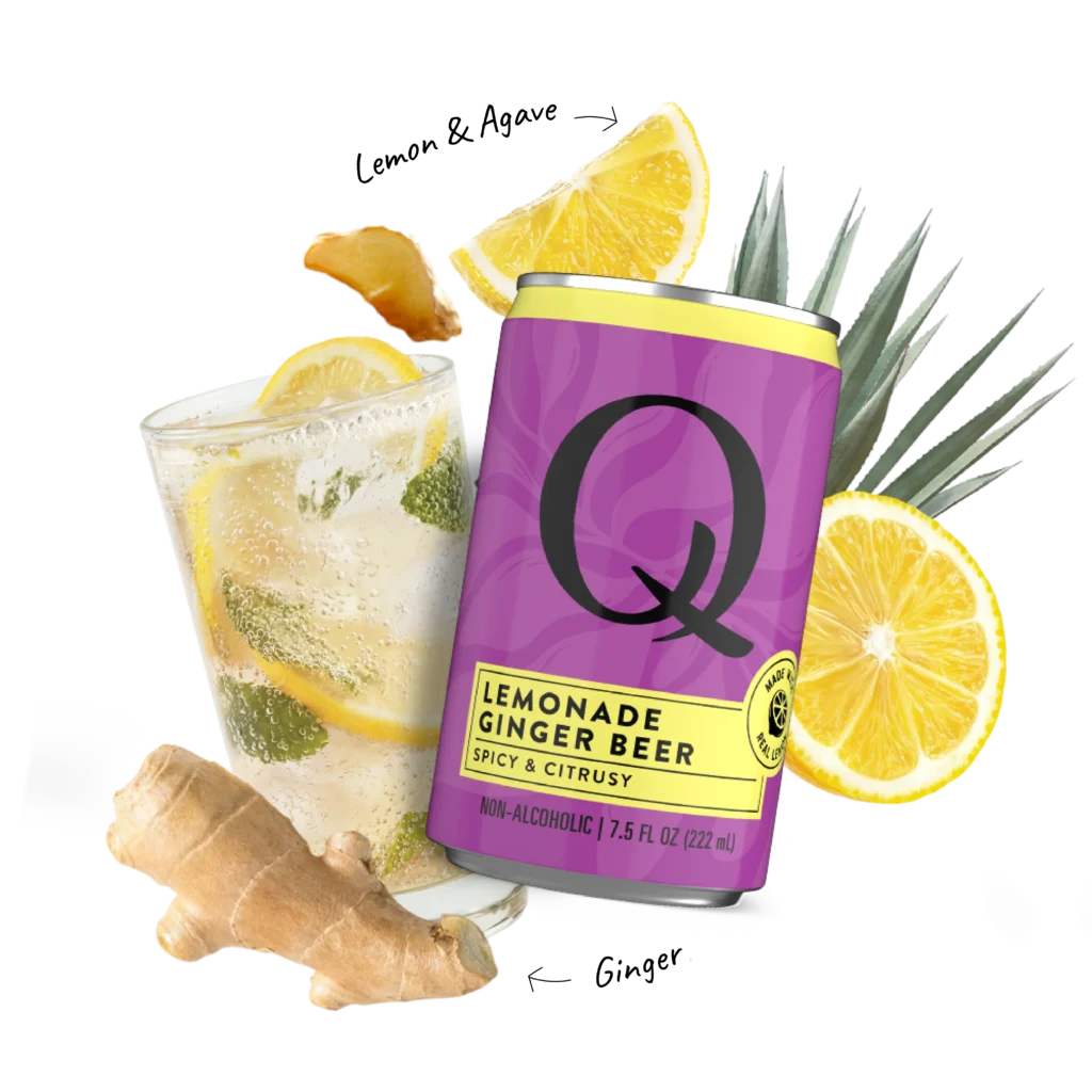 Q Mixers PDP with ingredients & callouts Ginger Beer Lemonade