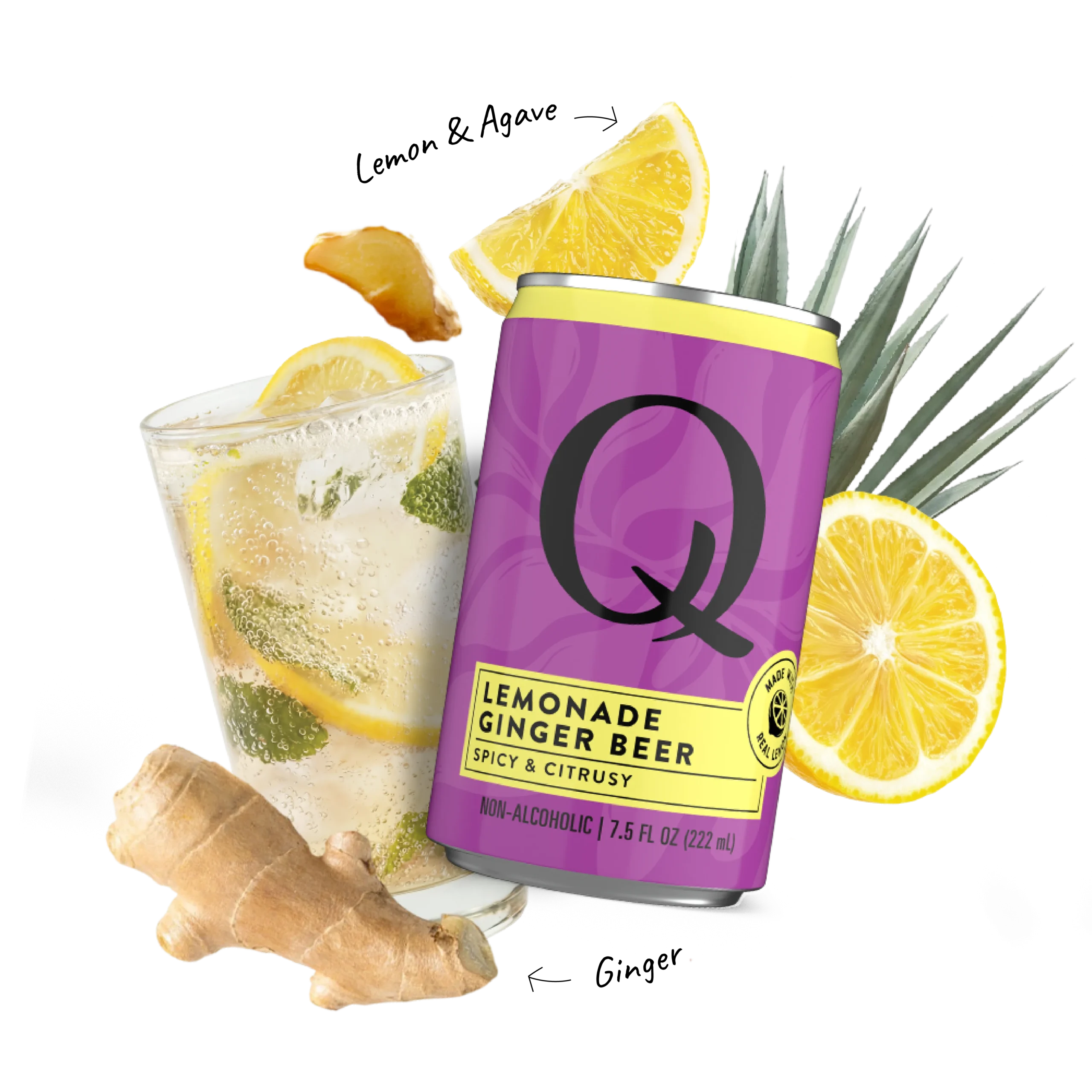 Q Mixers PDP with ingredients & callouts Ginger Beer Lemonade